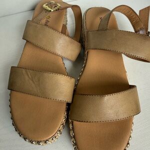 Seven Dials Tan Double-Strap Leather Sandals with Gold Buckle